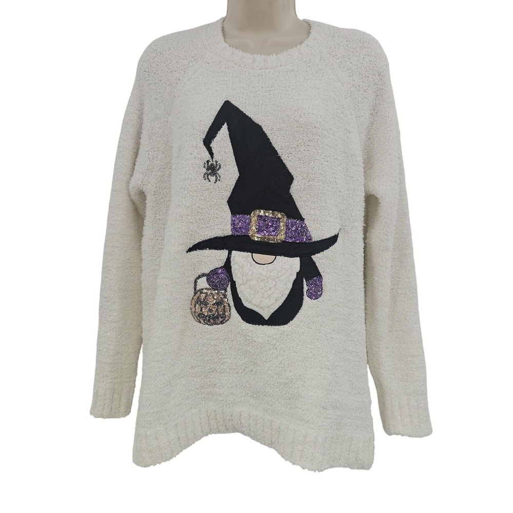 Poof‎ Halloween Sweater Womens Medium White Witch Hat Gnome Pullover Fuzzy Cozy